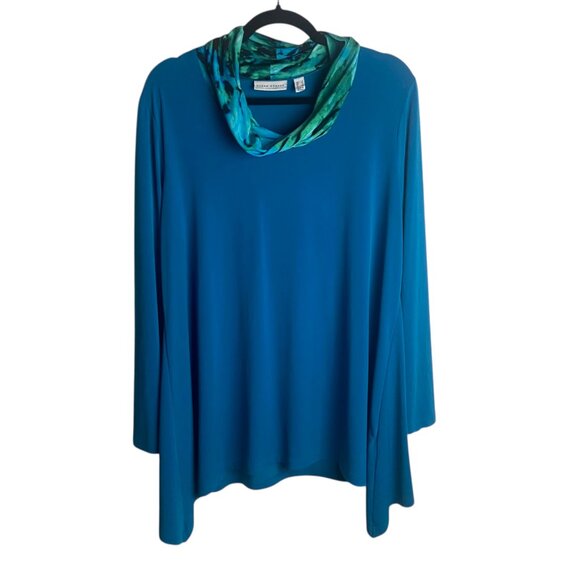 Susan Graver Size Large Liquid Knit Cowl Neck Long Sleeve Tunic Blouse Top Blue - Picture 1 of 5